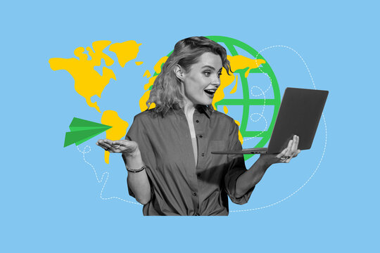 Composite trend artwork sketch image collage of young lady hold laptop meeting world map background communication global connection - Powered by Adobe