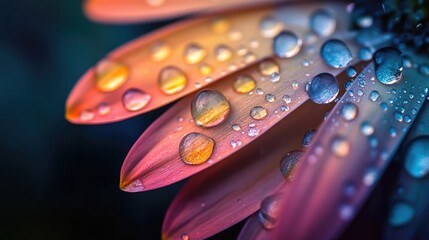 A close-up of a vibrant flower petal adorned with glistening droplets of water, capturing the freshness and beauty of nature after a gentle rain