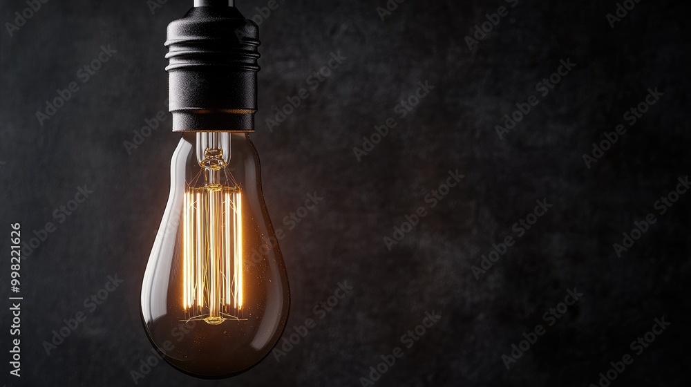 Poster a close-up of a vintage-style edison bulb glowing brightly against a dark background, showcasing its