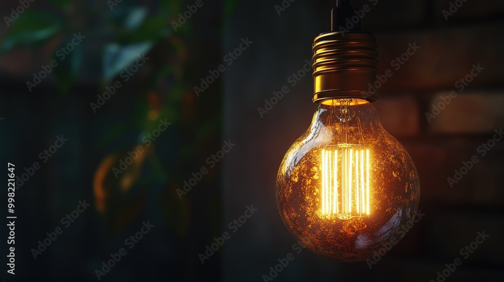 Poster a close-up of a vintage-style edison bulb glowing brightly against a dark background, showcasing its