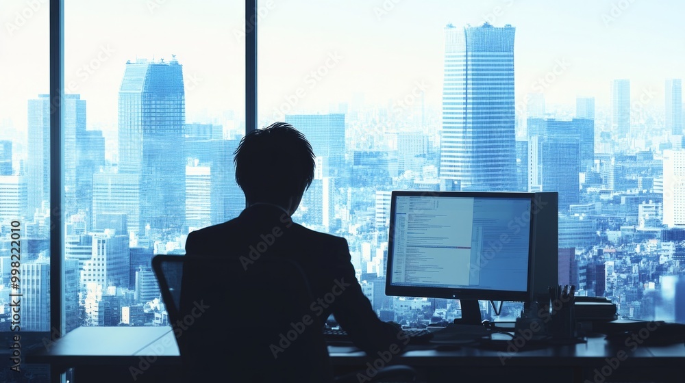 Poster a man is sitting at a desk in front of a computer monitor