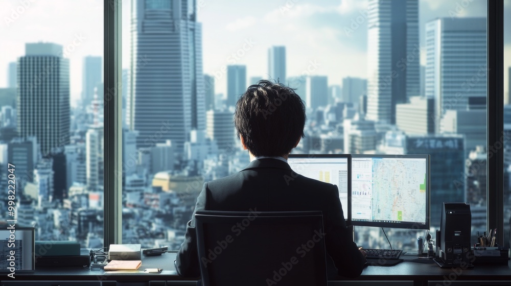 Poster a man in a suit is sitting at a desk in front of a computer monitor