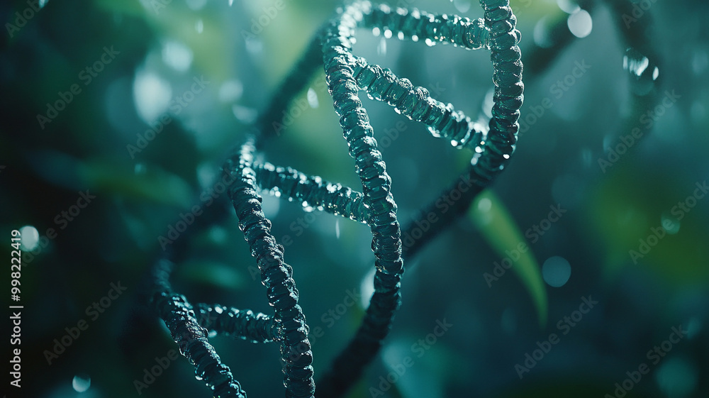 Poster a close-up view of a dna double helix surrounded by droplets in a lush green environment