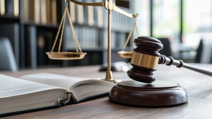 A judge's gavel sits on a wooden table next to a book
