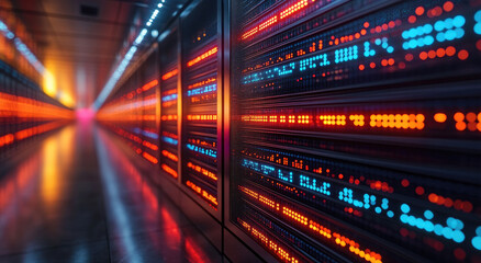 Fototapeta premium Cinematic shot of digital data flowing down, red and orange glowing code lines on the wall in the background. Created with Ai