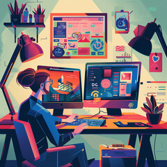 Illustration of a designer working at a colorful, creative workspace.