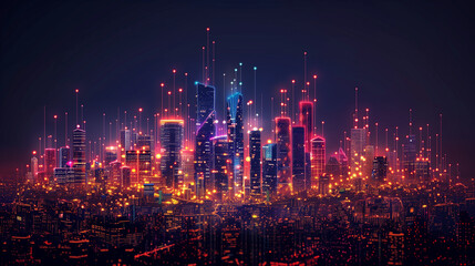 Fototapeta premium Futuristic cityscape with neon lights and digital elements.