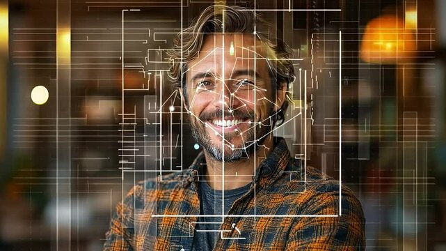 A smiling man with wavy hair and a flannel shirt stands confidently with a digital overlay across his face in a warm, inviting indoor space.