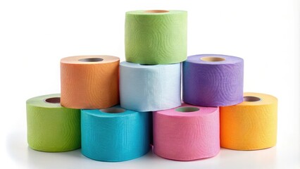 Neatly stacked toilet paper rolls, soft and absorbent, set against a crisp white background, ideal for household needs, enhancing comfort and functionality for your bathroom.