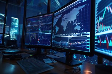 Naklejka premium Stock Market Analysis with Global Financial Data and Trading Screens Insight