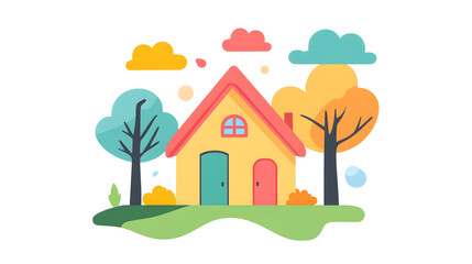 Whimsical House Illustration with Colorful Trees and Heart Shapes