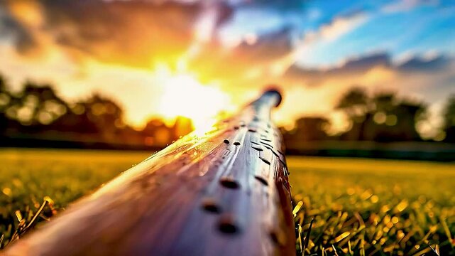 a baseball bat  and  the sun  setting in the background