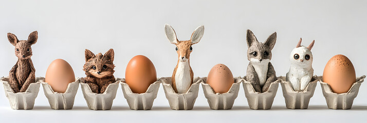Cute animal figurines in egg carton, creative art with eggs, whimsical display, unique idea, handmade sculptures, nature-inspired, eco-friendly craft, playful arrangement, art concept