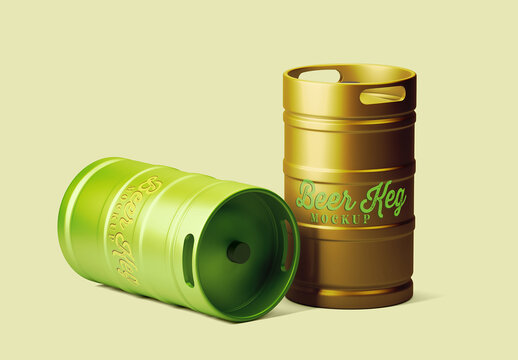 Two Beer Kegs Positioned Upright and Sideways in a Mockup Display