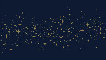 Gold stars and dots seamless border on dark blue background. Starry night design for banner, poster, wallpaper, greeting card, and invitation. © Nadiia