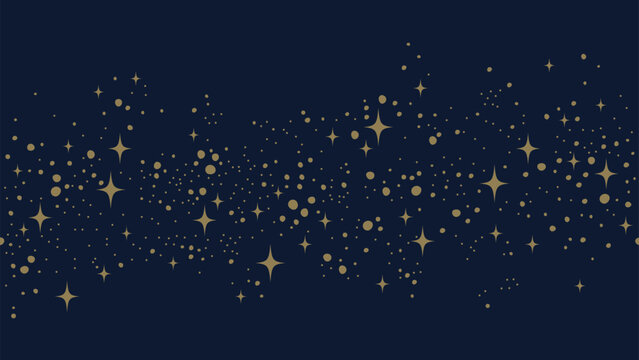 Gold stars and dots seamless border on dark blue background. Starry night design for banner, poster, wallpaper, greeting card, and invitation.