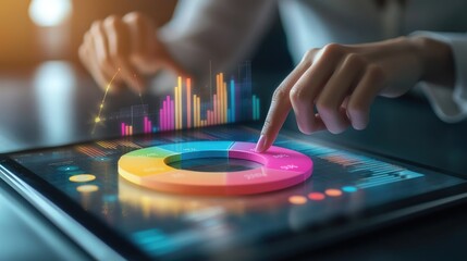 A colorful 3D pie chart displayed on a tablet screen, with a businessperson pointing to the financial breakdown, symbolizing digital financial planning.