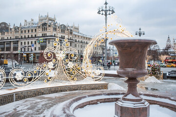 Christmas decorations on the streets of the city. Christmas holidays, winter landscape. The Bolshoi...
