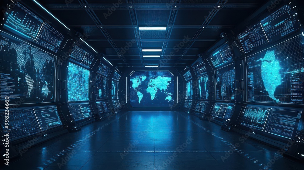 Poster a futuristic virtual network connecting global offices with holographic maps and real-time data shar