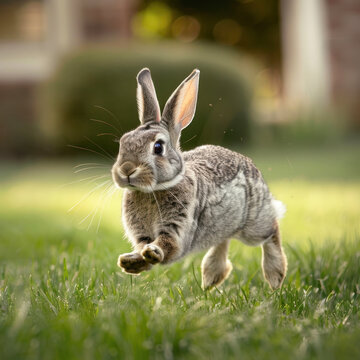 a gray loppy eared rabbit tuning wild on the grassland