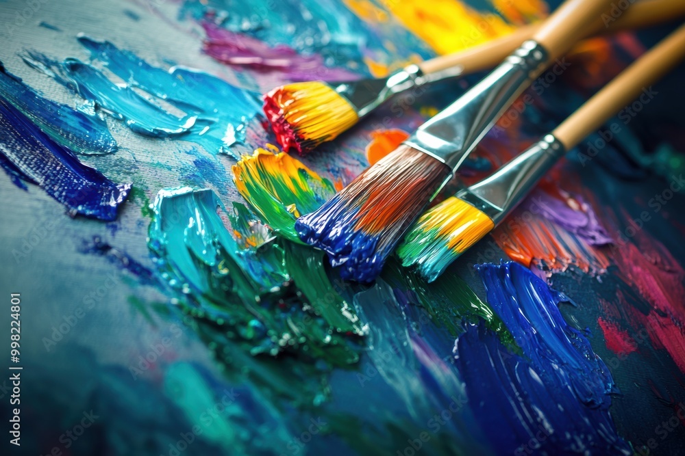 Aufkleber A vibrant assortment of paint colors fills the palette while brushes lay on a canvas, showcasing abstract art in progress. Generative AI