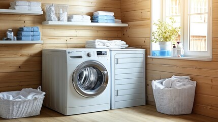 A tidy, modern laundry room with a front-loading washer, dryer, and neatly organized white shelves, bathed in natural light.