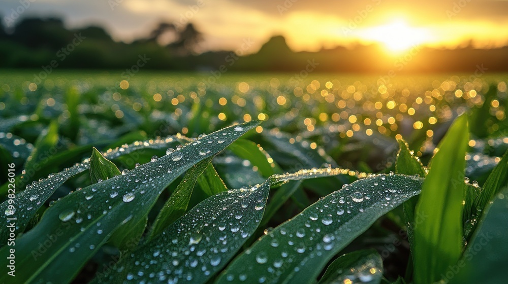 Poster Dew drops on lush green leaves in a field at sunset.