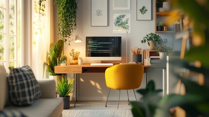 Cozy living room rendered in 3D with desk, showcasing the modern work-from-home trend. Remote working and home offices provide a secure and comfortable work environment.