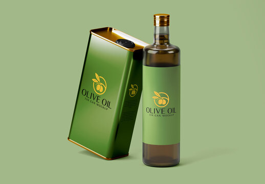 Bottle and Tin Container Showcasing Olive Oil Packaging Mockup