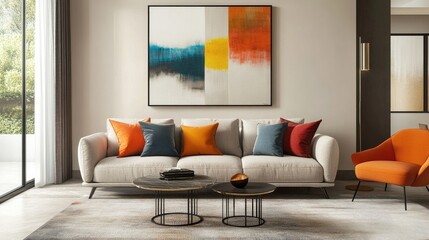 A contemporary living room with a pop of color, featuring vibrant cushions on a neutral-toned sofa and abstract artwork on the walls, adding personality to the space.