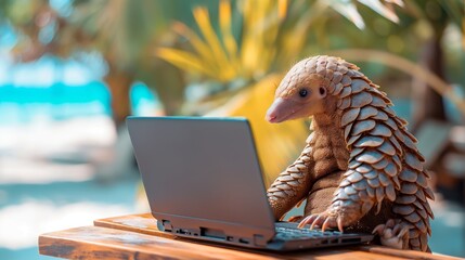 Obraz premium Pangolin Working on Laptop at Beach.