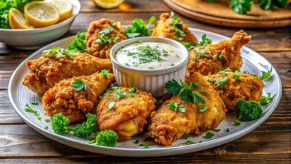 Fototapeta premium Deliciously crispy golden broasted chicken arranged on a pristine white plate, topped with fresh herbs, served alongside a zesty dipping sauce for added flavor.