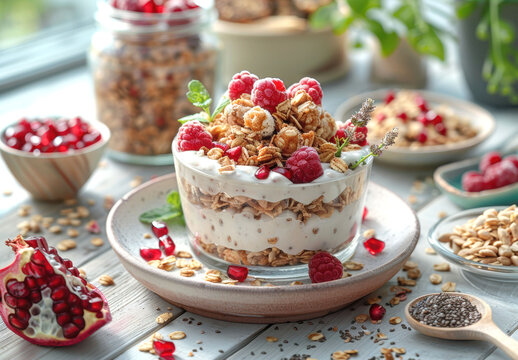 Yogurt parfait with granola, raspberries, and pomegranate seeds served in a glass bowl, surrounded by healthy ingredients on a rustic table. - Powered by Adobe