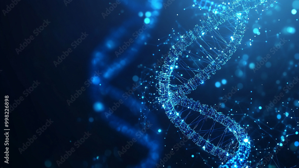 Aufkleber a close-up view of a dna double helix illuminated with blue particles in a digital environment