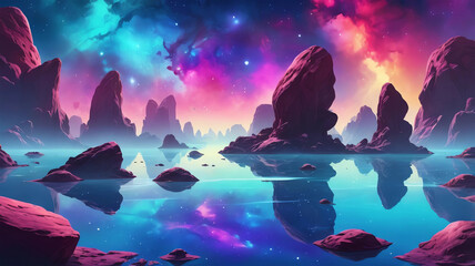 floating rocks amidst a vibrant nebula 