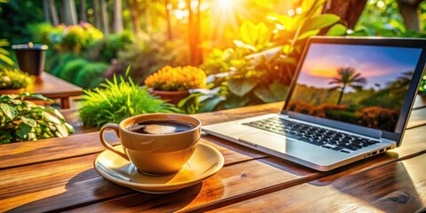Cozy Coffee Setup for a Productive Monday Morning with a Warm Mug and Laptop on a Wooden Table
