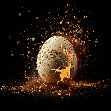 A colored egg cracked and fried golden particles