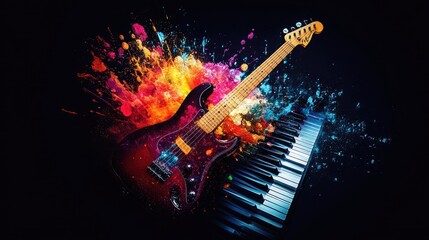 Obraz premium An electric guitar, drumsticks, and piano keys highlighted by a vibrant splash of color, set against a deep black background.