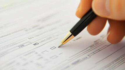 A hand holding a pen is seen writing on a sheet of paper filled with forms and lines.