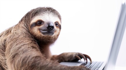 Fototapeta premium Sloth using laptop on white background in studio.