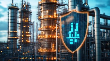Fototapeta premium An industrial factory, shown alongside a shield icon, representing the safeguarding of energy and protection of vital infrastructure for national security.