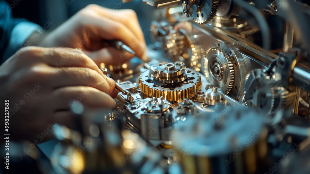 Poster a skilled technician examines intricate metallic gears and components, focusing intently on a mechan