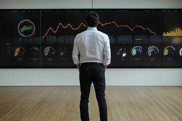 An executive standing in front of a massive screen filled with performance indicators and graphs.  Generative AI. 