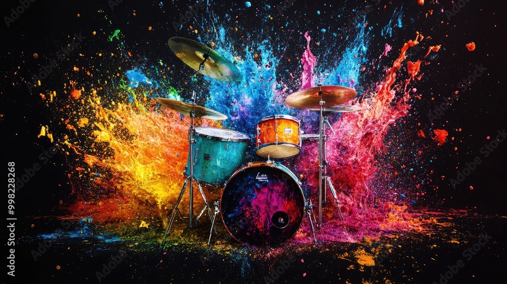 Poster Bright, multicolored paint splashes enveloping isolated instruments like a drum set and guitar, set on a stark black background.