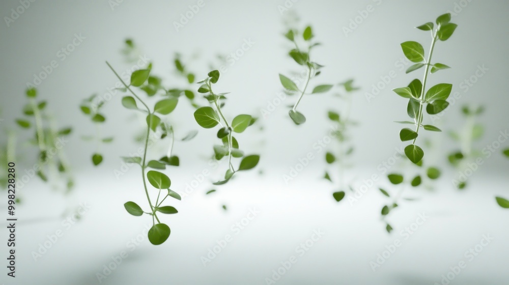 Sticker Green Plant Stems with Leaves Falling Against a White Background