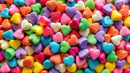 Obraz premium Brightly colored sweetheart candies stacked together, perfect for Valentine's Day festivities and romantic moments, bringing joy and sweetness to your celebrations and special occasions.
