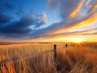 Obraz premium Golden sunset casting warmth over a tranquil field with gentle grass swaying in the breeze