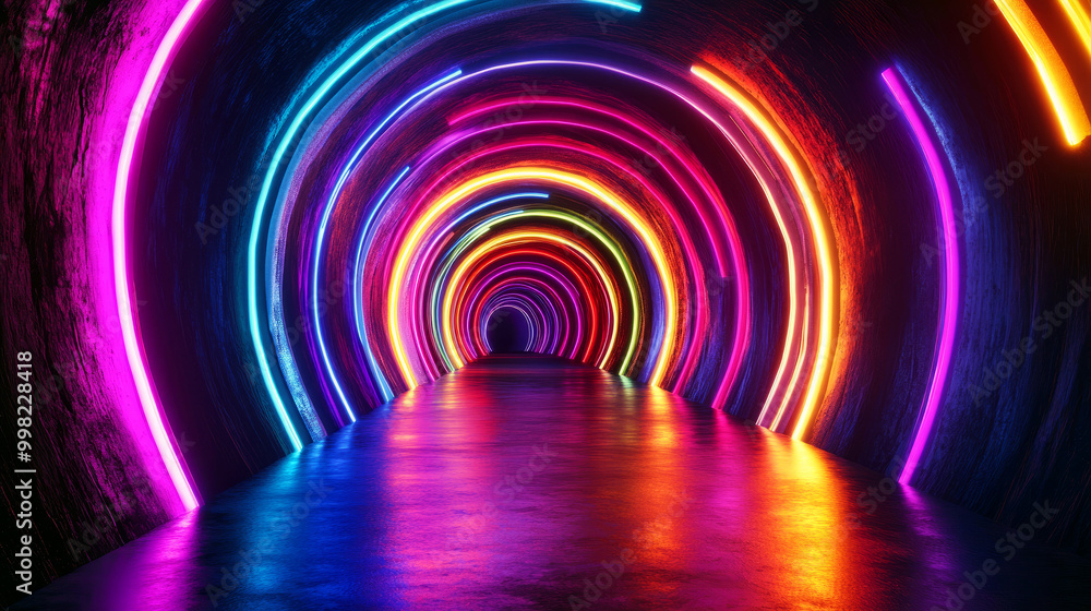 Poster a vibrant, illuminated tunnel with swirling neon lights in various colors, creating a mesmerizing vi