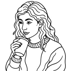 girl drinking coffee sketch drawing