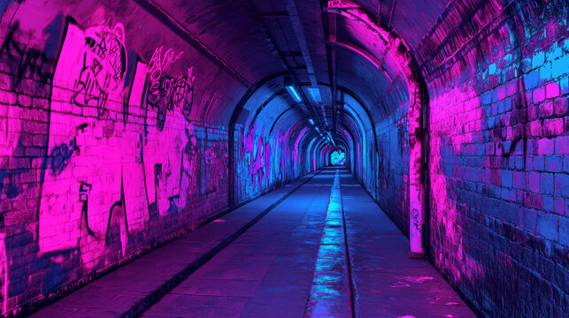 A vibrant, illuminated tunnel featuring colorful graffiti art, with pink and blue lighting enhancing its urban atmosphere.